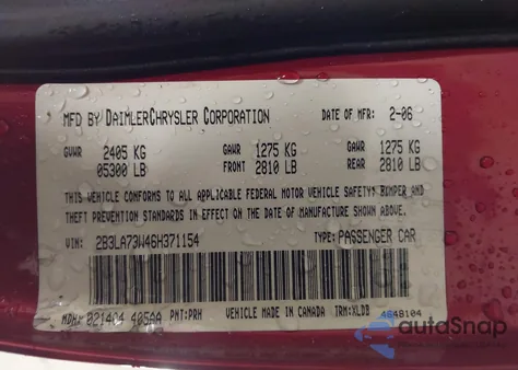 2006 Dodge Charger Srt8 z USA, uszkodzony, nr VIN 2B3LA73W46H371154